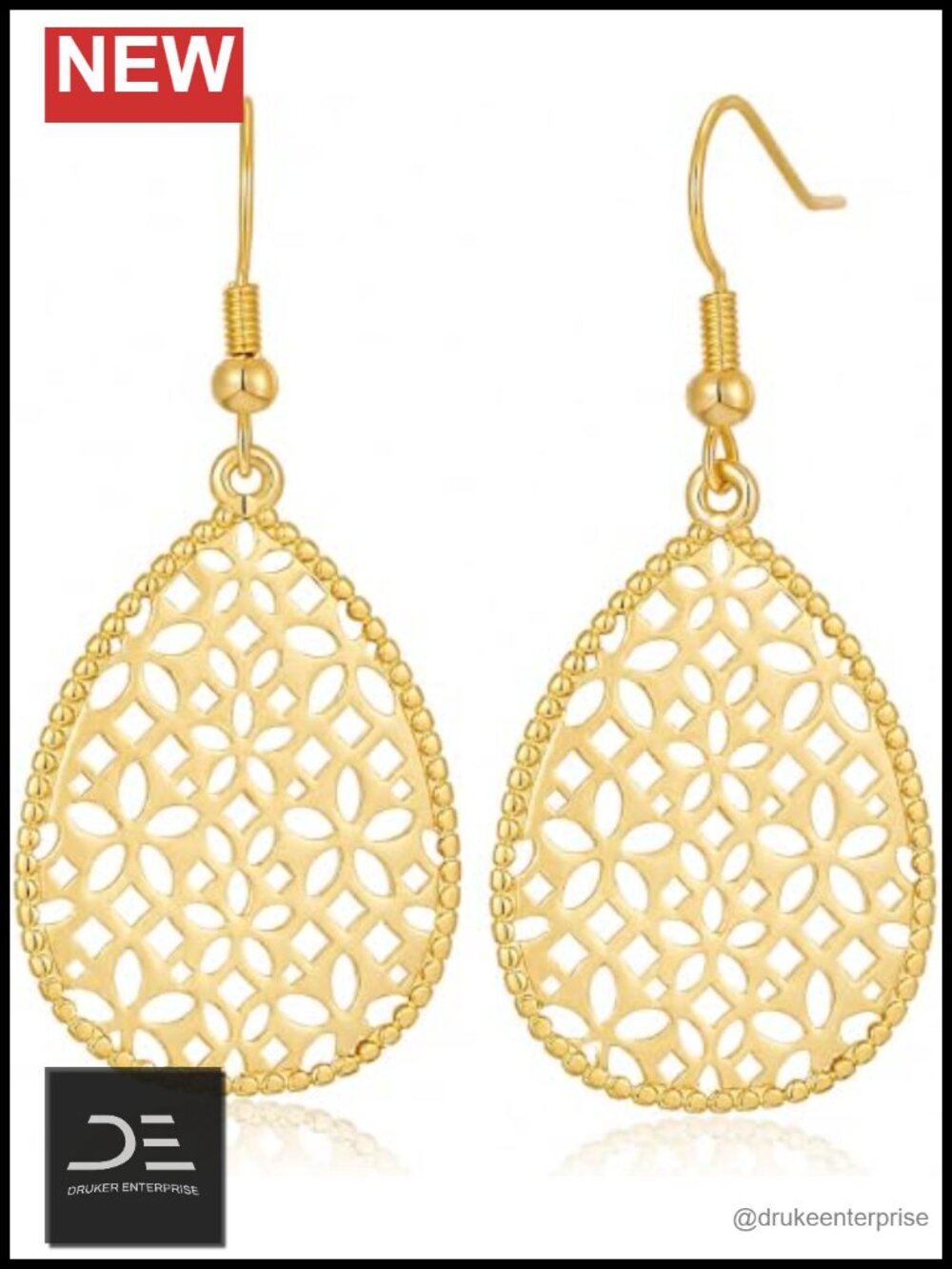 14K Gold Dangle Earrings Teardrop Filigree Lightweight Women Jewelry
